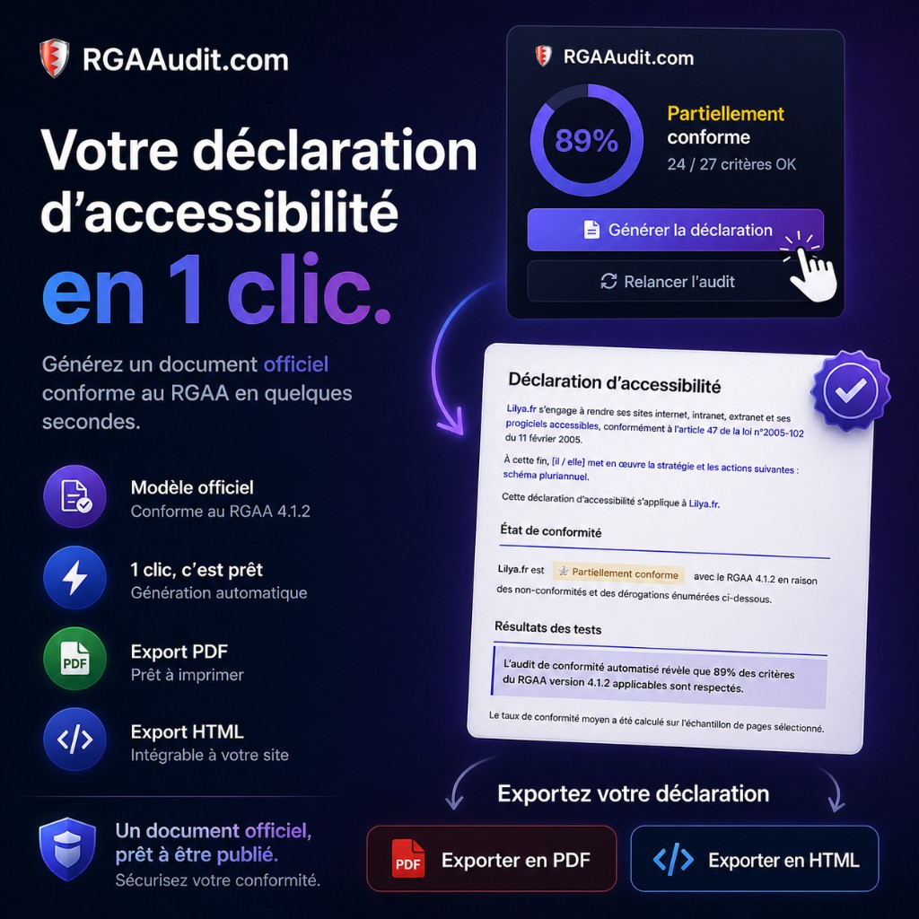 Votre déclaration d'accessibilité en 1 clic : génération d'un document officiel, export PDF et export HTML.