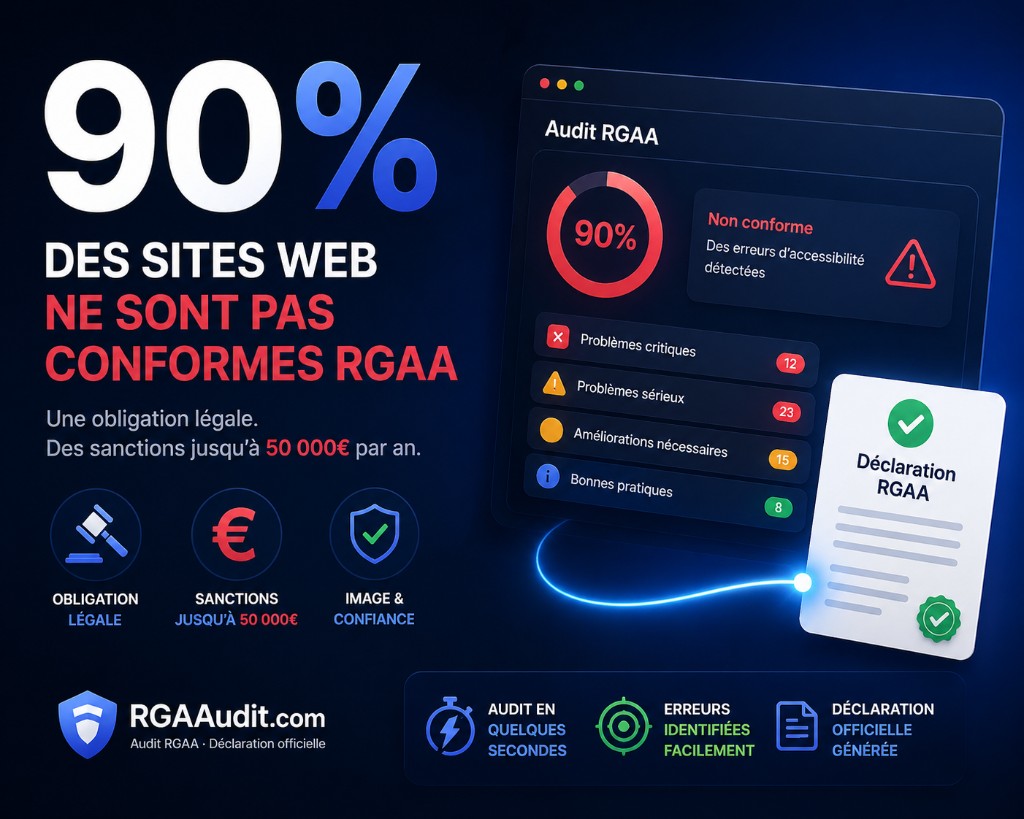 90% des sites web ne sont pas conformes RGAA. Une obligation légale, des sanctions jusqu'à 50 000€ par an.